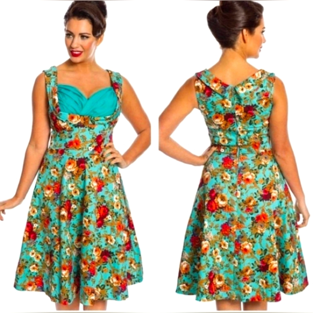 Lindy Bop Ophelia Retro Pin Up Turquoise Floral Fit & Flare Swing Dress Plus 4X